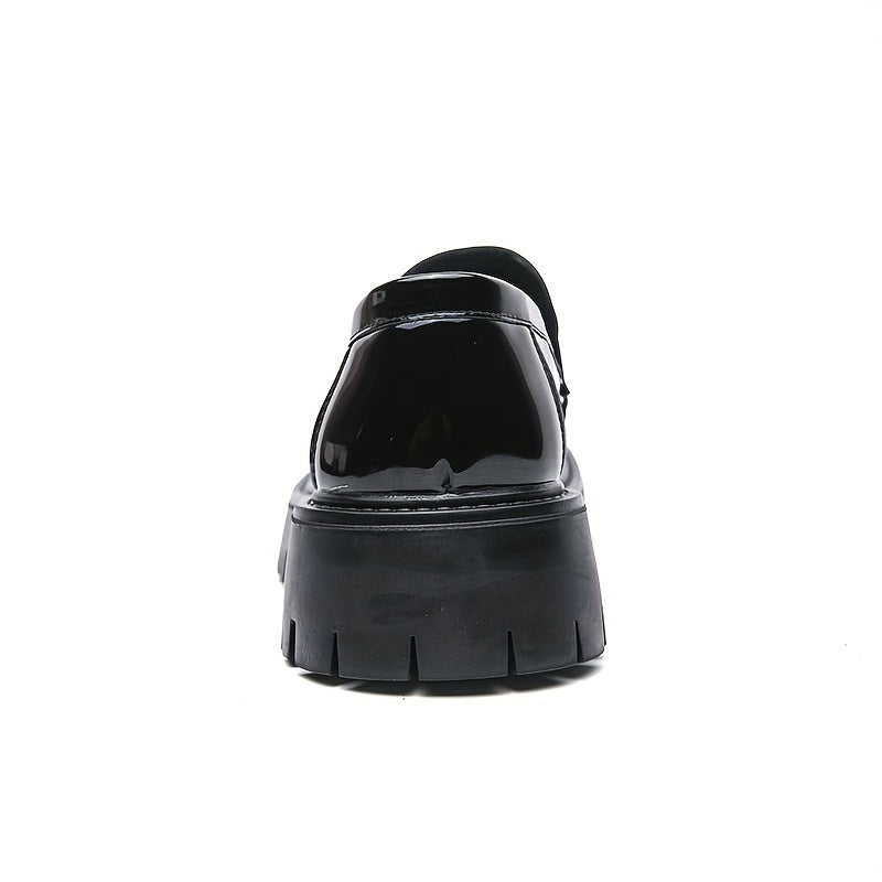 Men'S Black Soft Patent Platform Chunky Heel Loafers Fashion Tassel Business Casual Formal Work Shoes Non-Slip Lug Sole Slip-On Penny Loafers