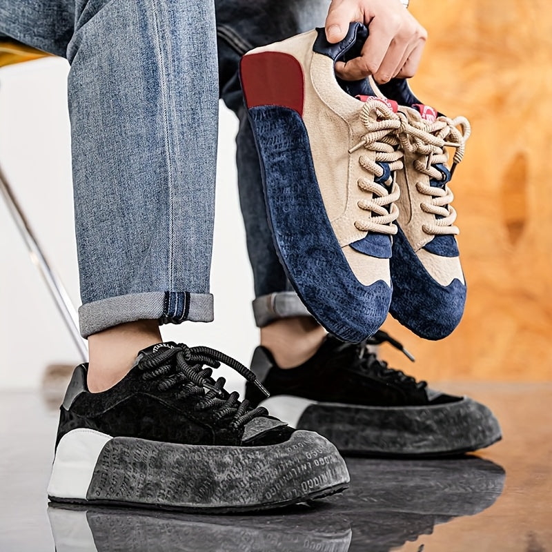Men's Lightweight Breathable Casual Sneakers - Thick Cushioned Sole, Lace-Up Low-Top Design, Durable PU PVC Construction for All-Season Outdoor, Gym, Running Daily Wear - Black, Outdoor Walking Shoes, Chunky Sole, Comfort