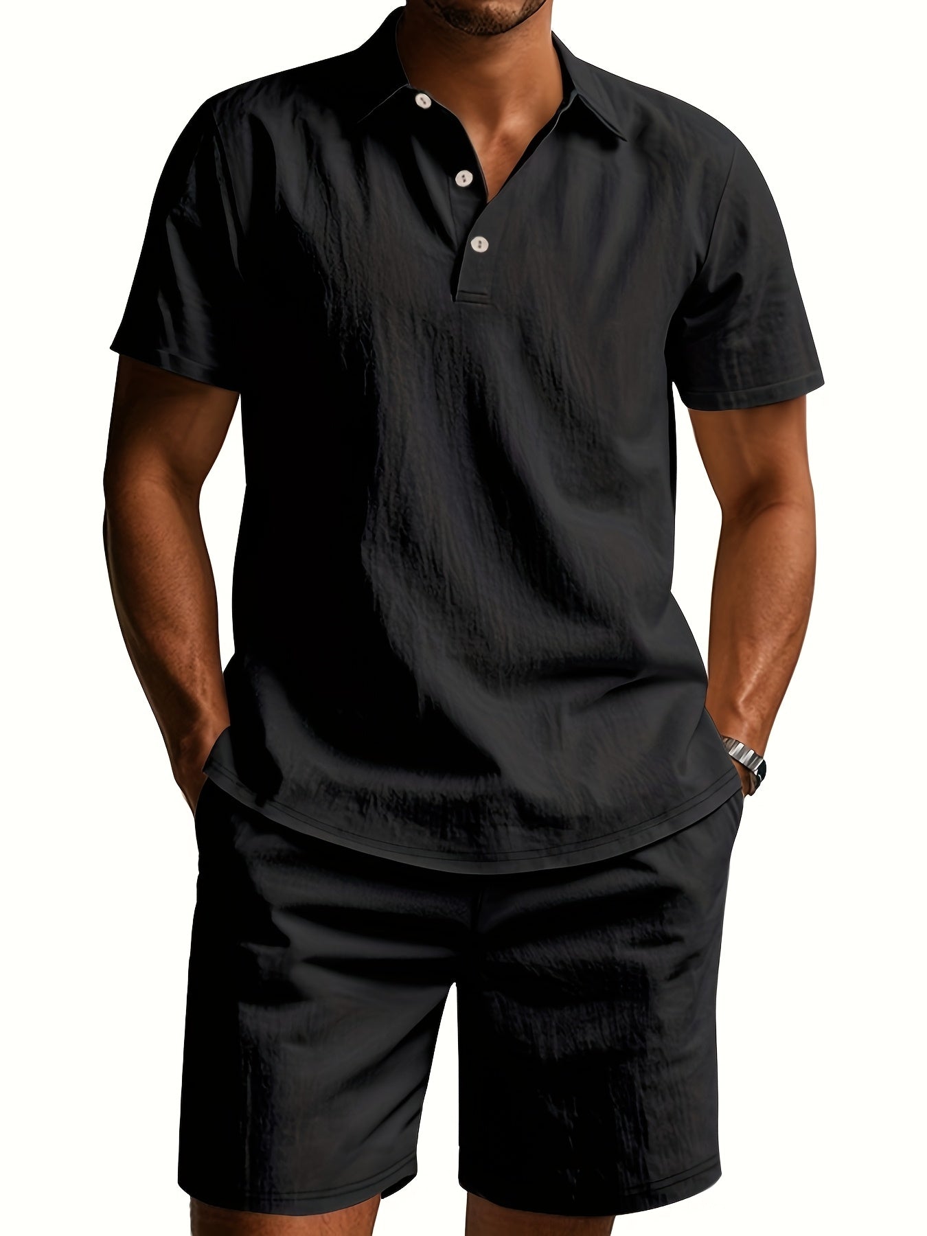 Essential for a Cool Summer! Men's Linen Shirt & Shorts Set, Comfortable Casual Outing Choice - Simple Beach Vacation Style Solid Color Linen