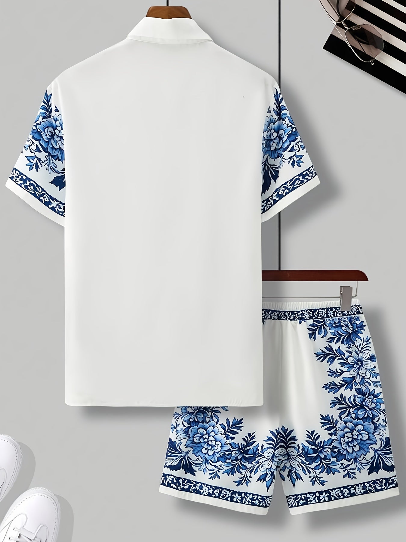 Men'S Two Sets of Floral Print Casual Button-Up + Drawstring Sports Shorts Two-Piece Hawaiian Beach Sports Styl