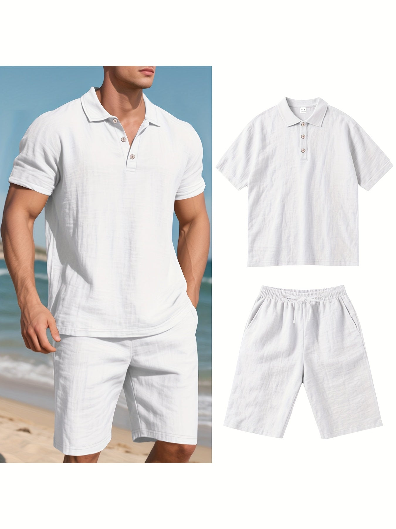 Essential for a Cool Summer! Men's Linen Shirt & Shorts Set, Comfortable Casual Outing Choice - Simple Beach Vacation Style Solid Color Linen