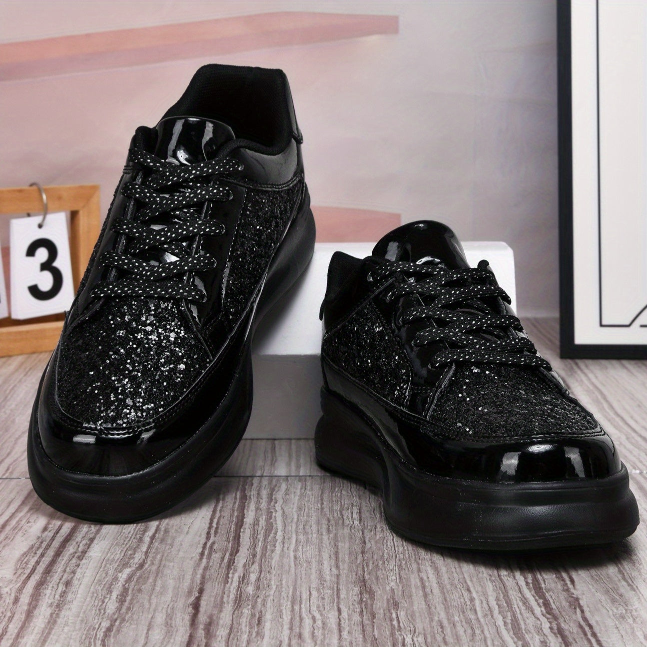 Men's Low-Top Casual Sneakers - Black Sparkling Embellishments, Breathable PU Upper EVA Cushioned Sole, Lace-Up Comfortable Walking Shoes for Men Women, Comfortable Footwear Sleek Shoe Design Flexible Footwear