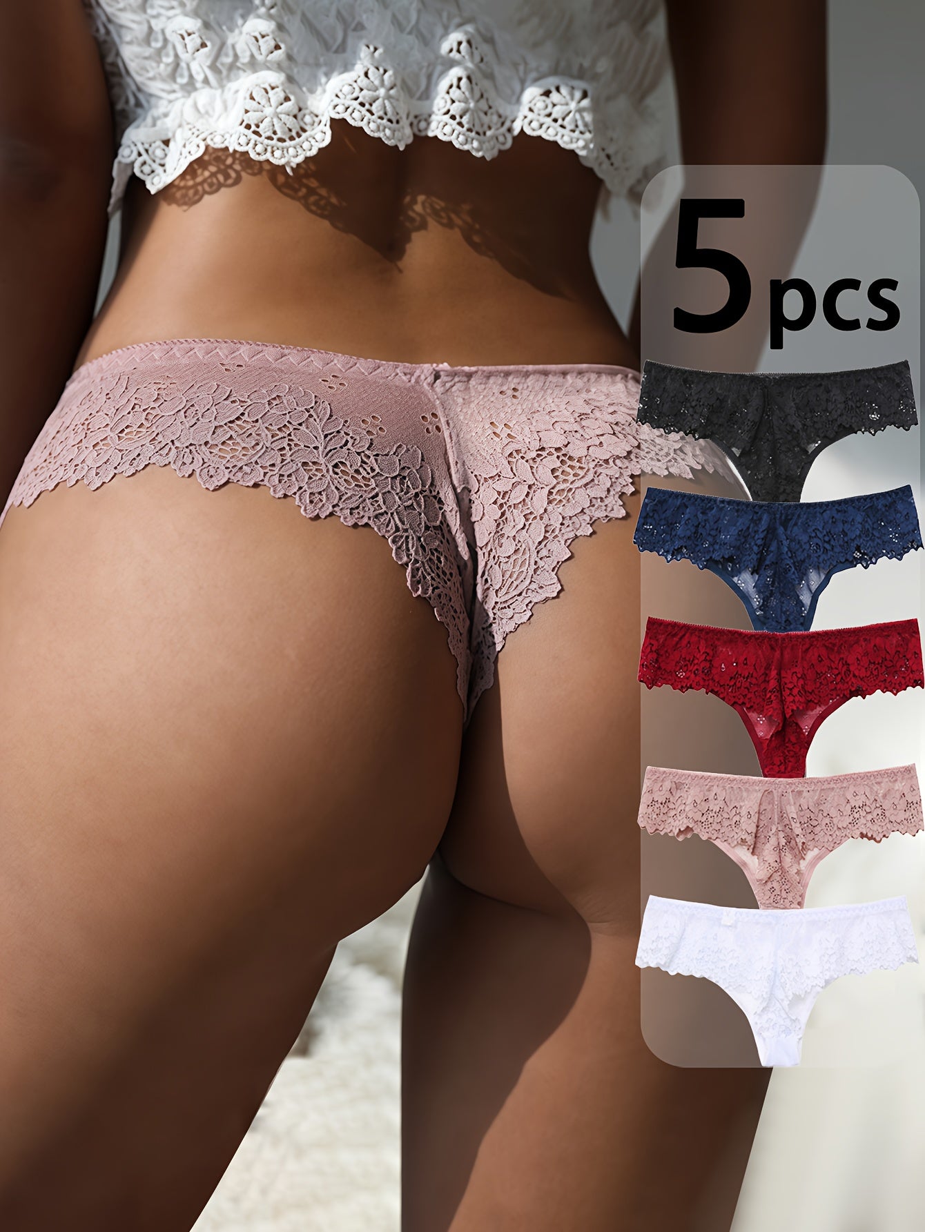 5-Pack Women's Low-Rise Lace Thong Panties with Contrast Trim