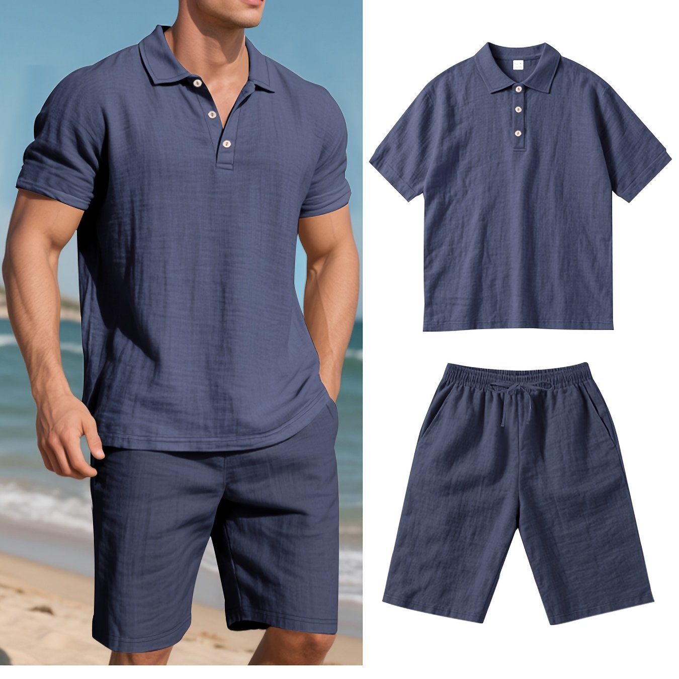 Essential for a Cool Summer! Men's Linen Shirt & Shorts Set, Comfortable Casual Outing Choice - Simple Beach Vacation Style Solid Color Linen