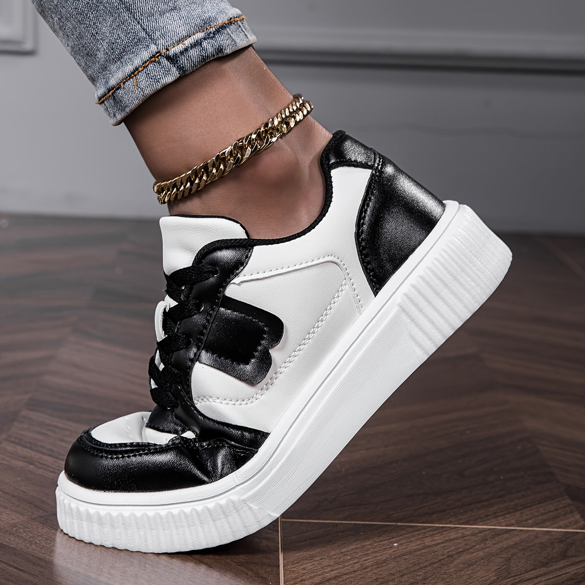 Women's Plus Size Lightweight Casual Sneakers - Thick Sole Slip-Resistant EVA Sole, Breathable Mesh Lining, Round Toe Lace-Up Design, All-Season Comfort, Two-Tone Color Options (White/Brown)