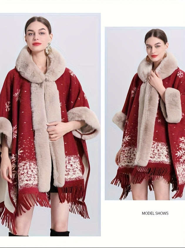 Plus Size, Women's Elegant Red and Beige Christmas Cape - Hooded Winter Cloak with, Non-Stretchy Fabric for Holiday Parties, New Year's Eve, Everyday Winter Outfits - Elegant Special Line, Seasonal Fashion, Stylish Fringe Tri