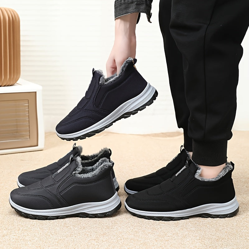 Winter Men'S Large Size Outdoor Short Boots - Fleece Lined Warm, Non-Slip PVC Sole, Round Toe Design, Black Casual Hiking Shoes Suitable for All Four Seasons