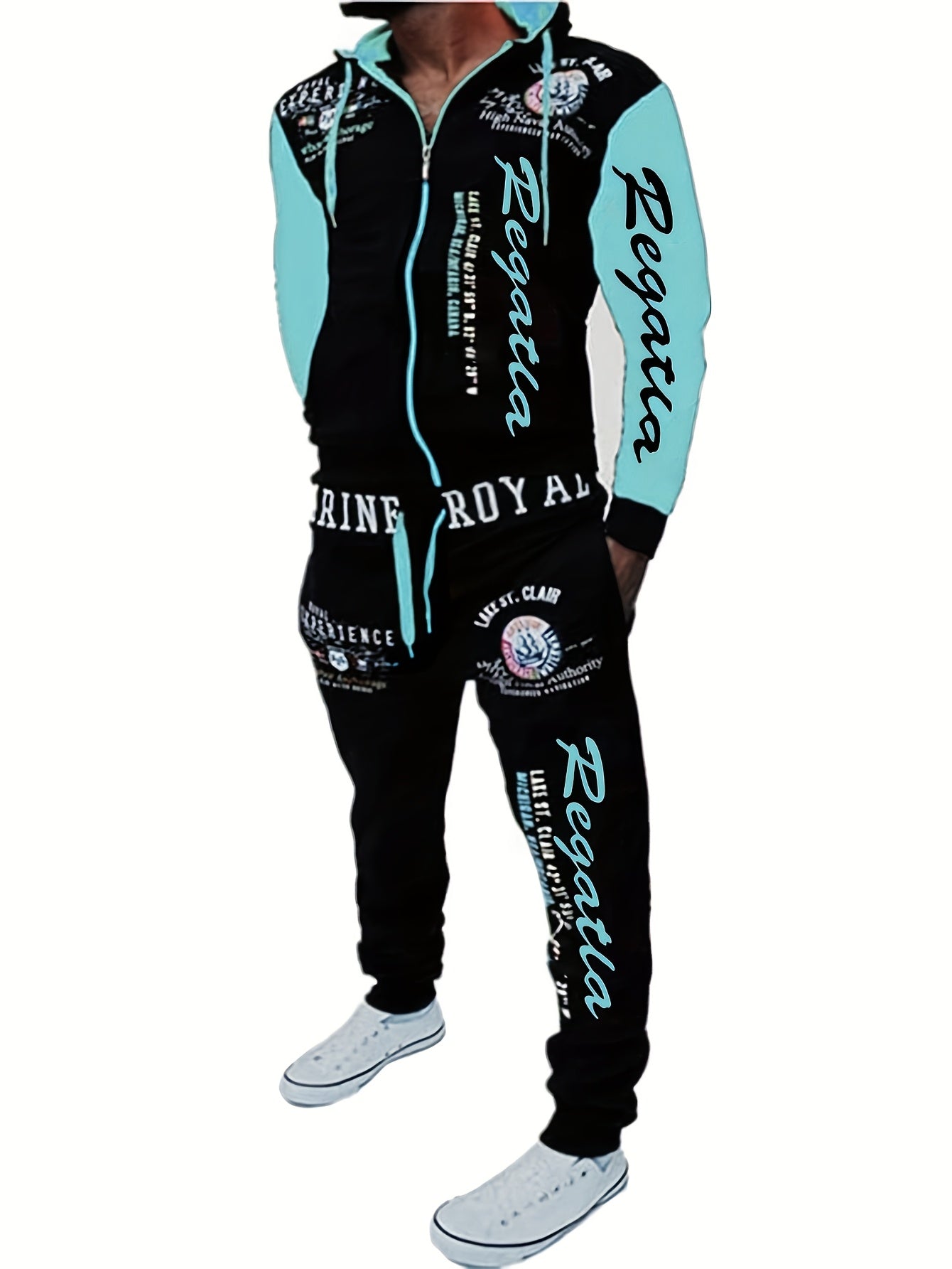 Men's Hooded Letter Print Tracksuit, 2pcs Casual Sports Set, Fashion Hoodie With Full-zip And Elastic-waist Pants, Regular Fit, Outdoor Cloth