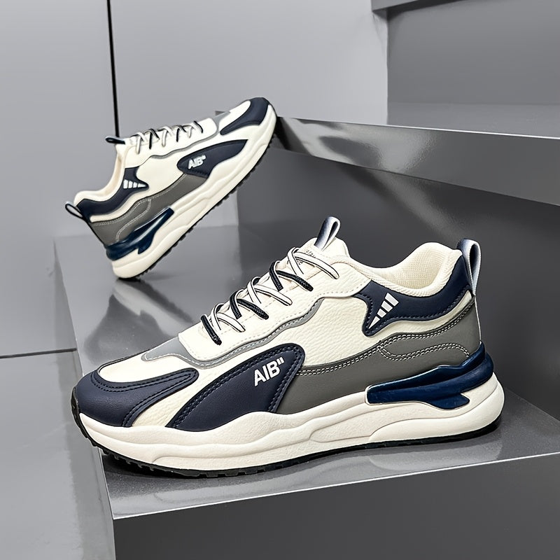 Men'S Fashion Sneakers, Casual Sports Shoes, All-Season Lace-Up Low Top, PU Upper, Fabric Lining, Rubber Sole, EVA Insole, Round Toe, with Trendy Thick Sole for Hiking, Outdoor, Daily Wear