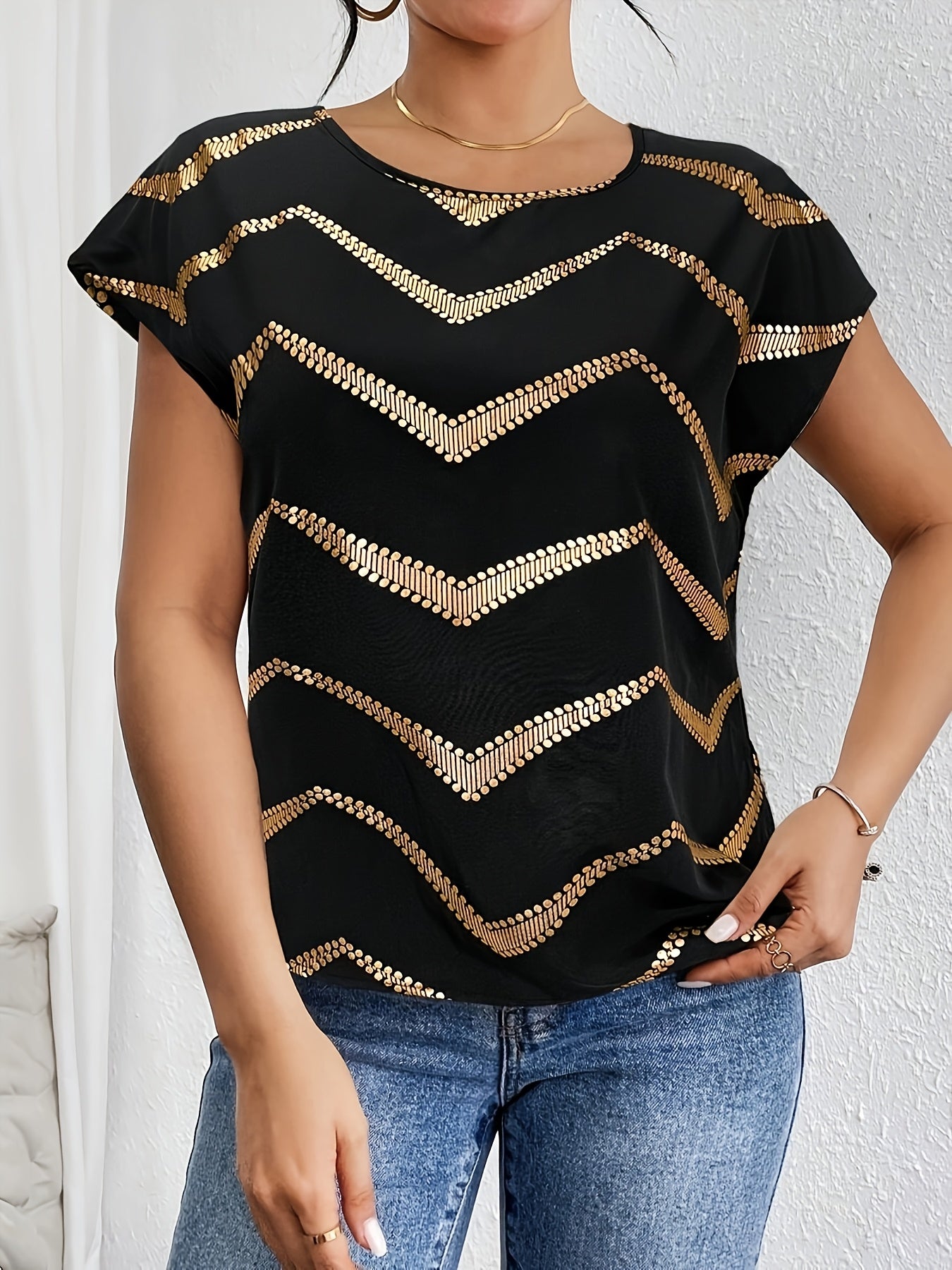 Women's Elegant Batwing T-Shirt - Black with Golden Geometric Print, Stretchy Polyester-Spandex Blend, Round Neck Casual Top for Spring Summer Fall, Machine Washable for Parties Dates Casual Attire