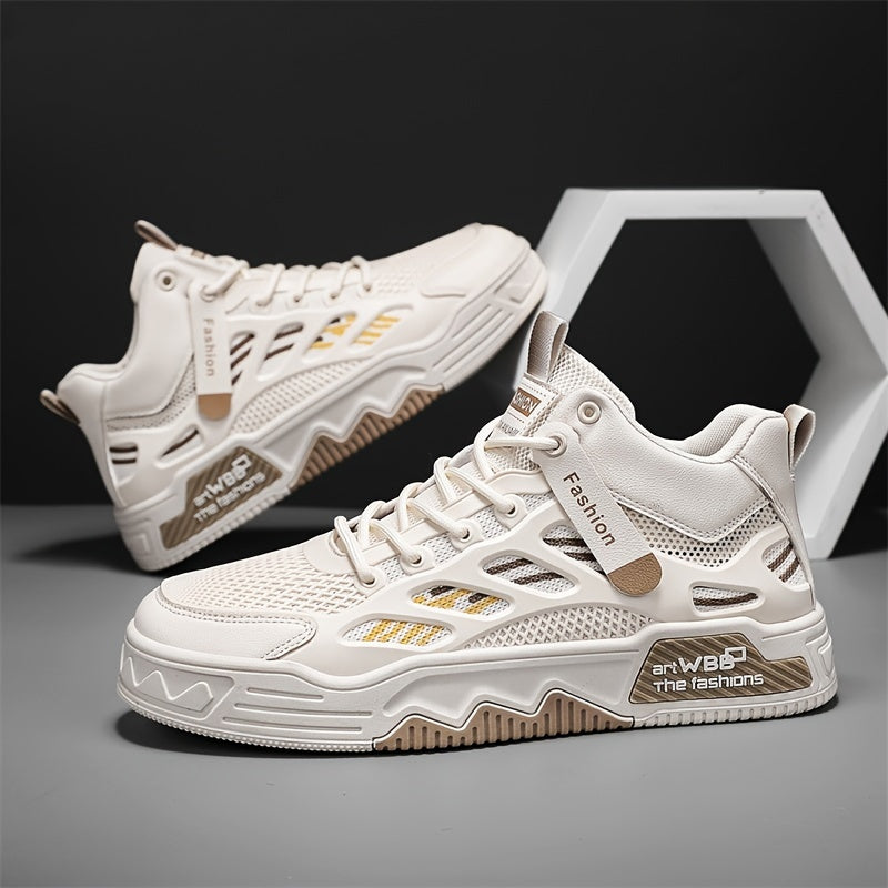 Men's High Top Fashion Sneakers Graphic Print Lace-Up Casual Skateboard Shoes with Round Toe, PU Mesh Upper, Fabric Lining, and Rubber Sole