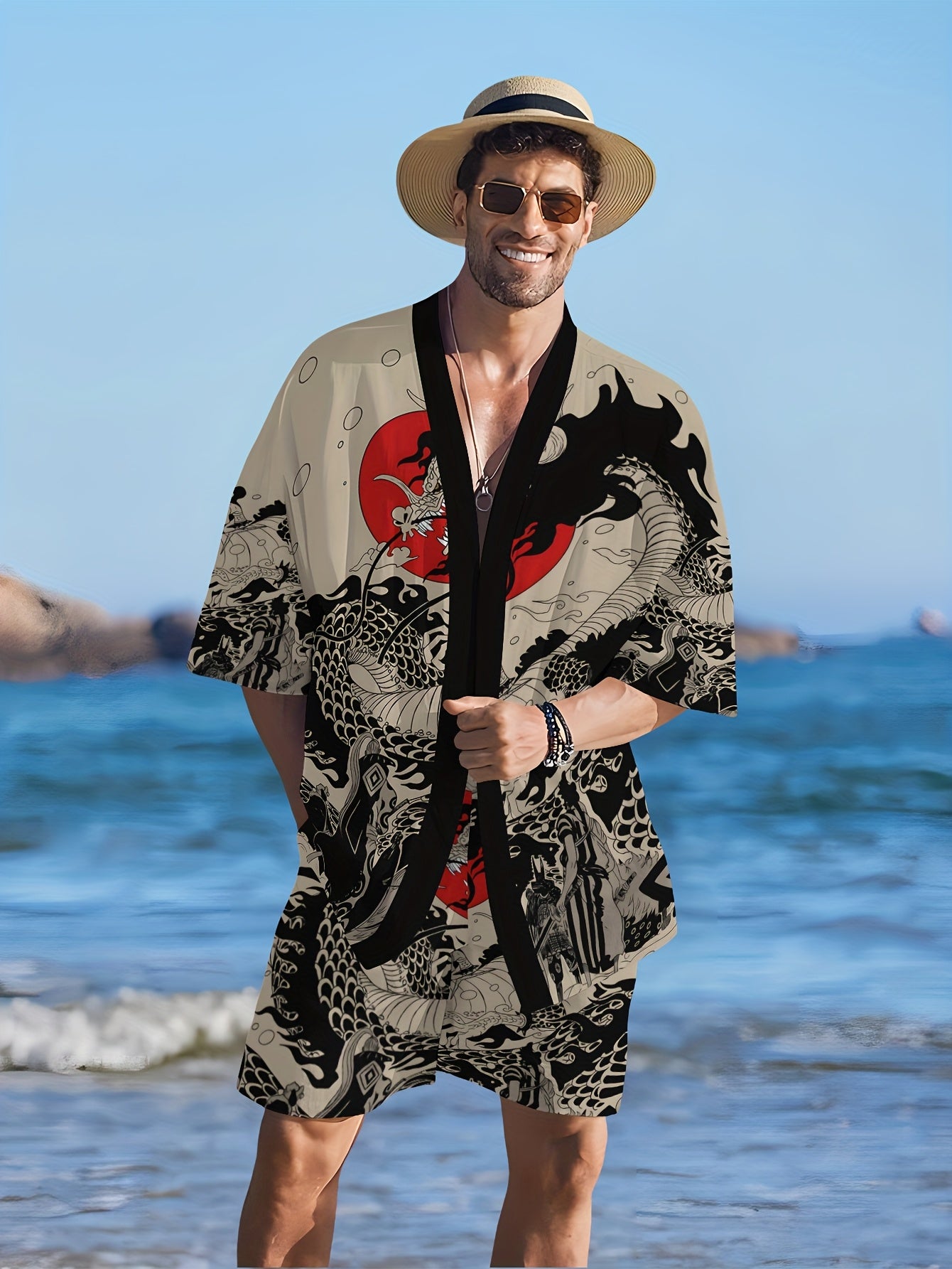 Men's Japanese Style Print Kimono Shorts Home Wear Casual Vacation Set
