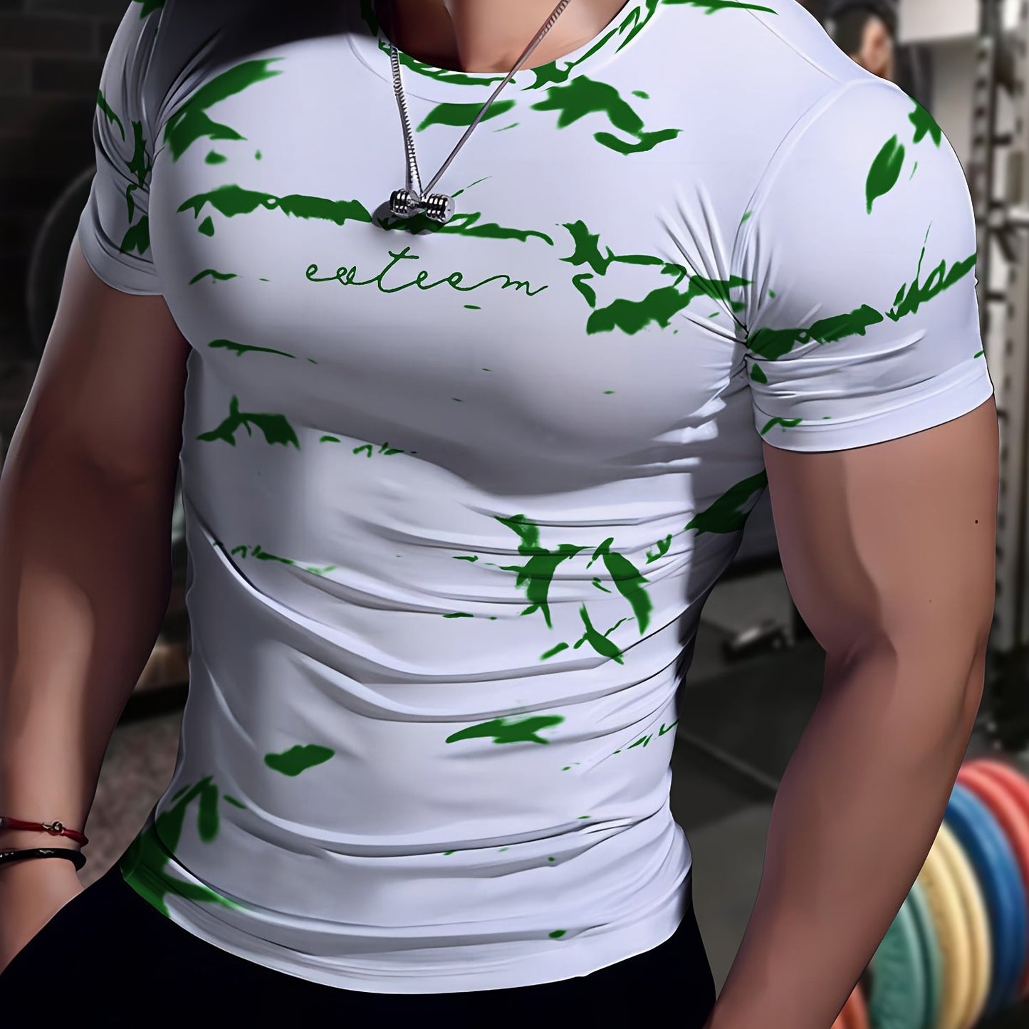 Men's High-Elasticity Anti-Tear Graffiti T-Shirt - Black White Geometric Print, Tight-Fit Athletic Top for Gym, Running, Yoga Casual Summer Wear, Gym Clothes, Highelastic Polyester, Short Sleeve Design