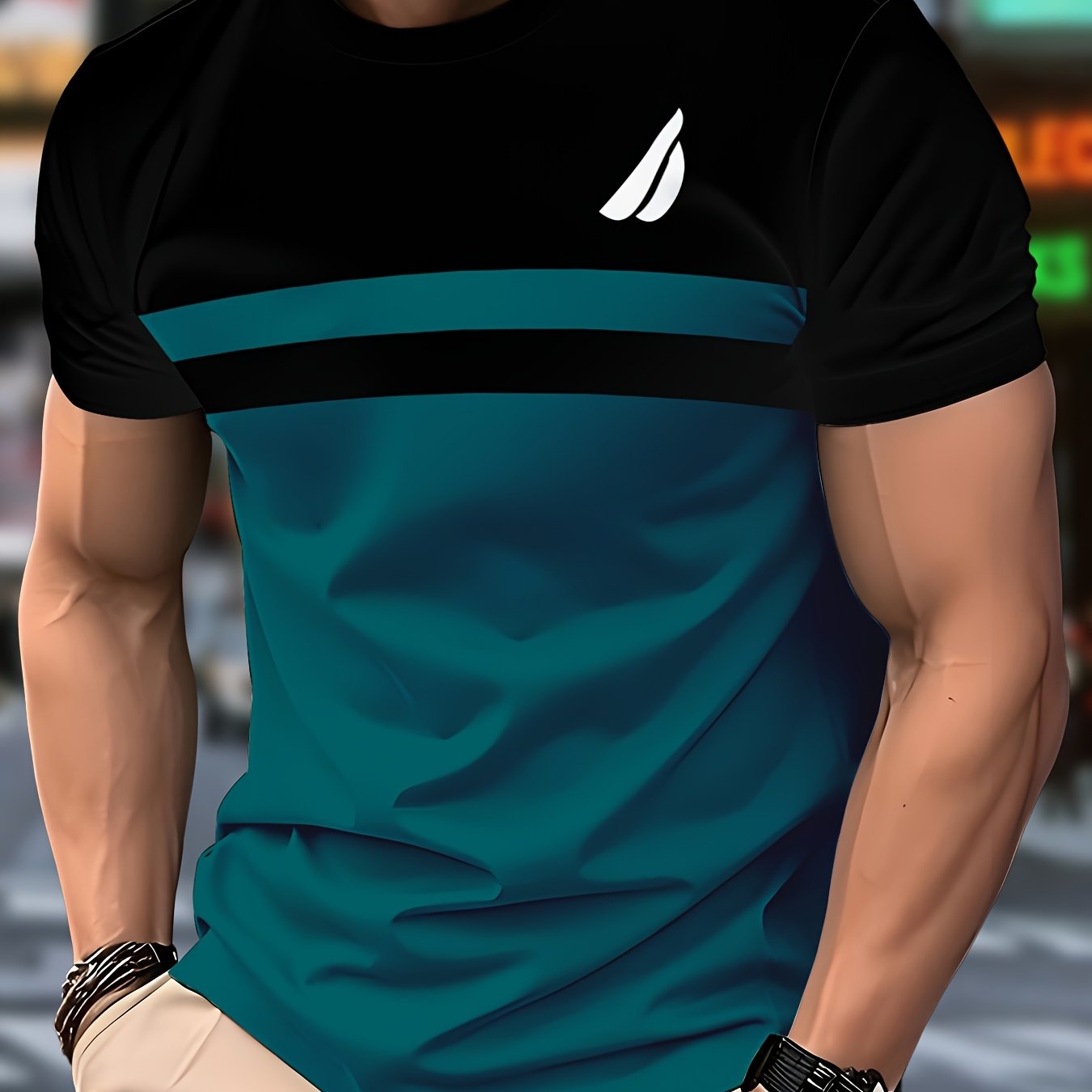 Men'S Novelty T-Shirt - Black Teal Color Block Design, Casual Crew Neck, Short Sleeve, Regular Fit, Polyester Fabric, Perfect for Casual Attire, Novelty T Shirt