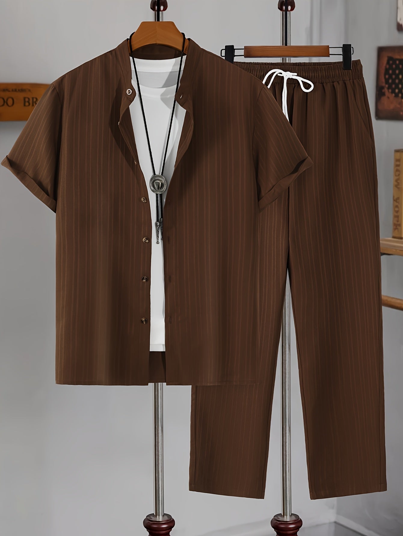 Men's New Trendy Textured Wave Stripe Short Sleeve Long Pants Casual Suit