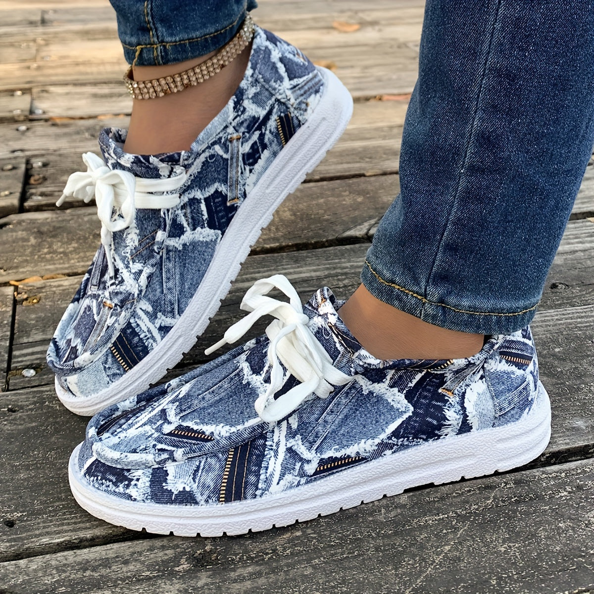 Women's Denim Print Flat Sneakers, Lightweight Round Toe Low Top Shoes, Casual Outdoor Walking Shoes plus size