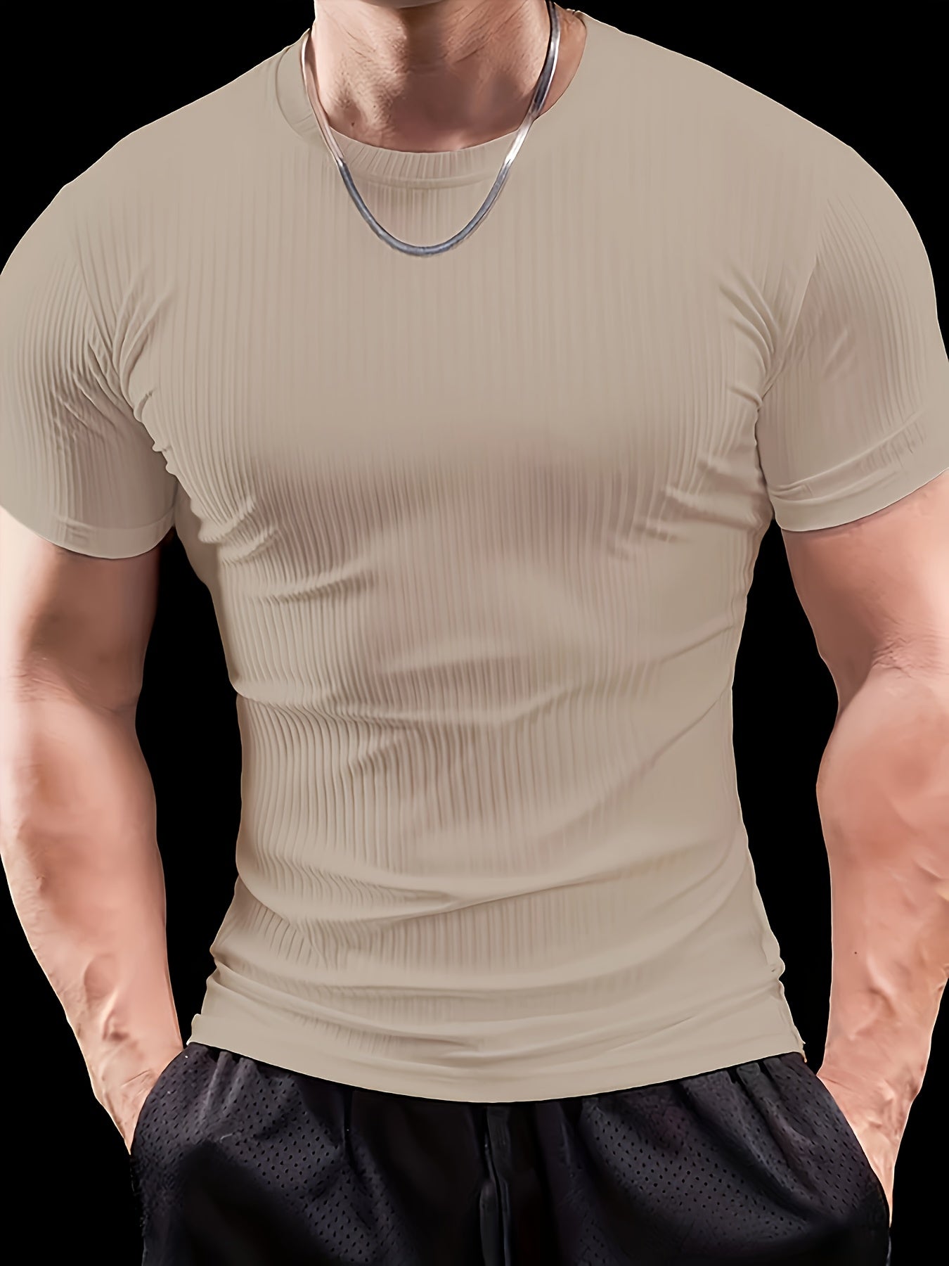 Men's Slim Fit Ribbed Short Sleeve T-Shirt - Stretchy Athletic Casual Wear, Green, Round Neck, Machine Washable, Muscle-Enhancing Design, Gym Shirts