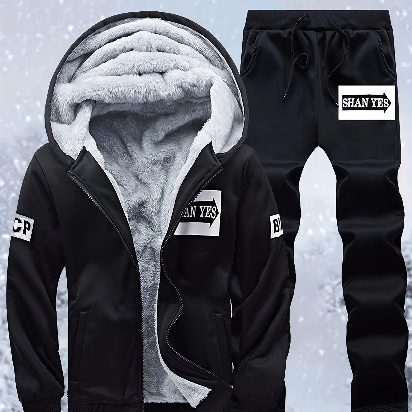 Men's "SHAN YES" Alphabet Print Fuzzy Lining Hooded Sweatshirt And Joggers Set, Warm Athletic Outfit For Running And Outdoor Fitness, Autumn And Winter