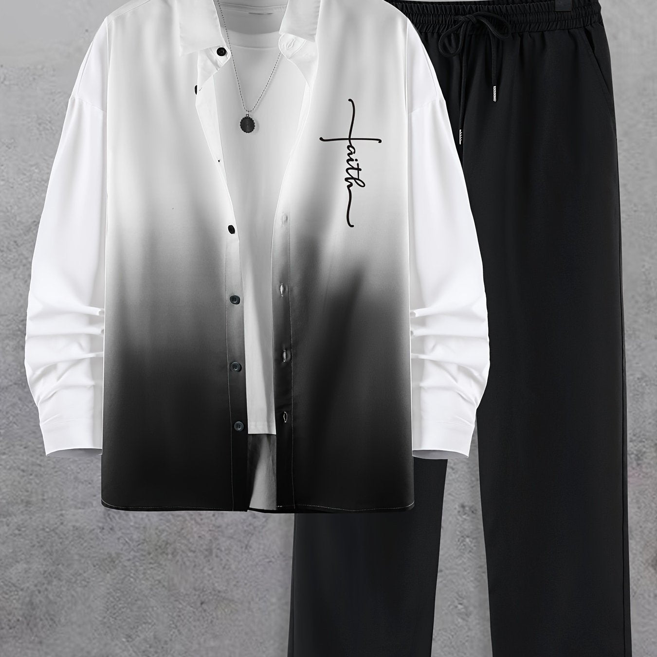 Men's Trendy Gradient Print Collar Long Sleeve Shirt and Pants Fashion Set