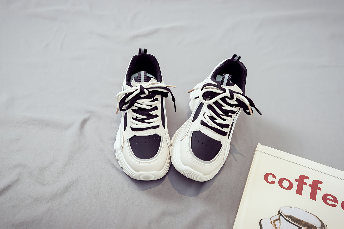 Women's Trendy Chunky Sneakers - Breathable Lace-Up Dad Shoes with Thick PVC Sole, White Beige Two-Tone Design, Versatile Low-Top Style for Casual Attire
