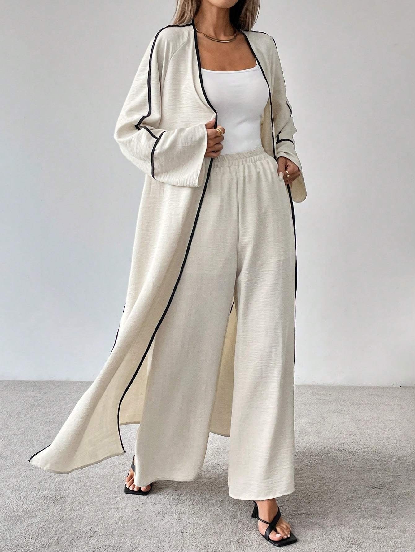 Women'S Elegant Fashion Work Casual Two-Piece Set - Long Sleeve Cardigan with Color Block Detail and Wide-Leg Pants, Loose Fit, All-Season Wear, Stylish Work Attire|Casual Style|Color Block Detail