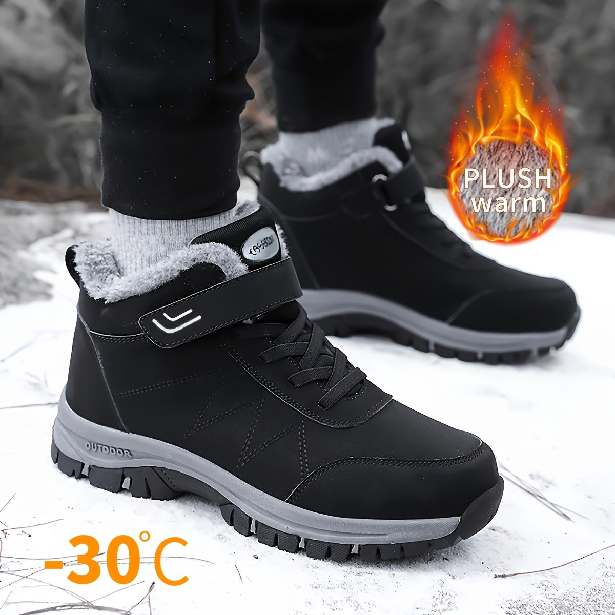 Men's Plush-Lined Winter Snow Boots - Durable, Non-Slip Traction Sole with Hook & Loop Fastener, Comfortable Fabric Lining for Outdoor Hiking and Casual Wear, Winter Boots