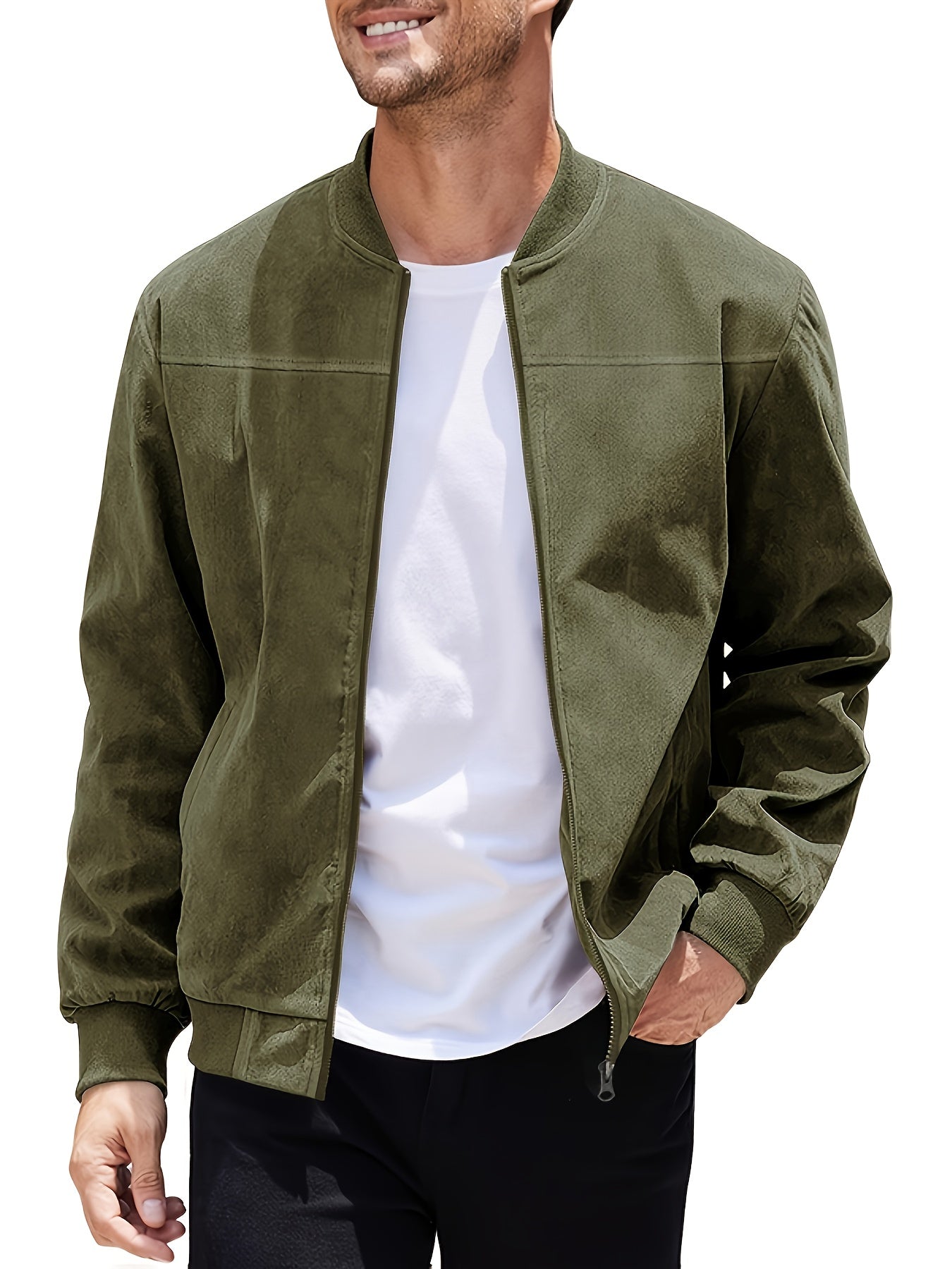 Men's Casual Corduroy Zipper Jacket with Stand Collar