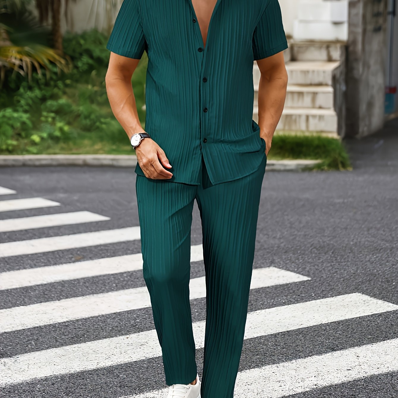 Men's New Trendy Textured Wave Stripe Short Sleeve Long Pants Casual Suit