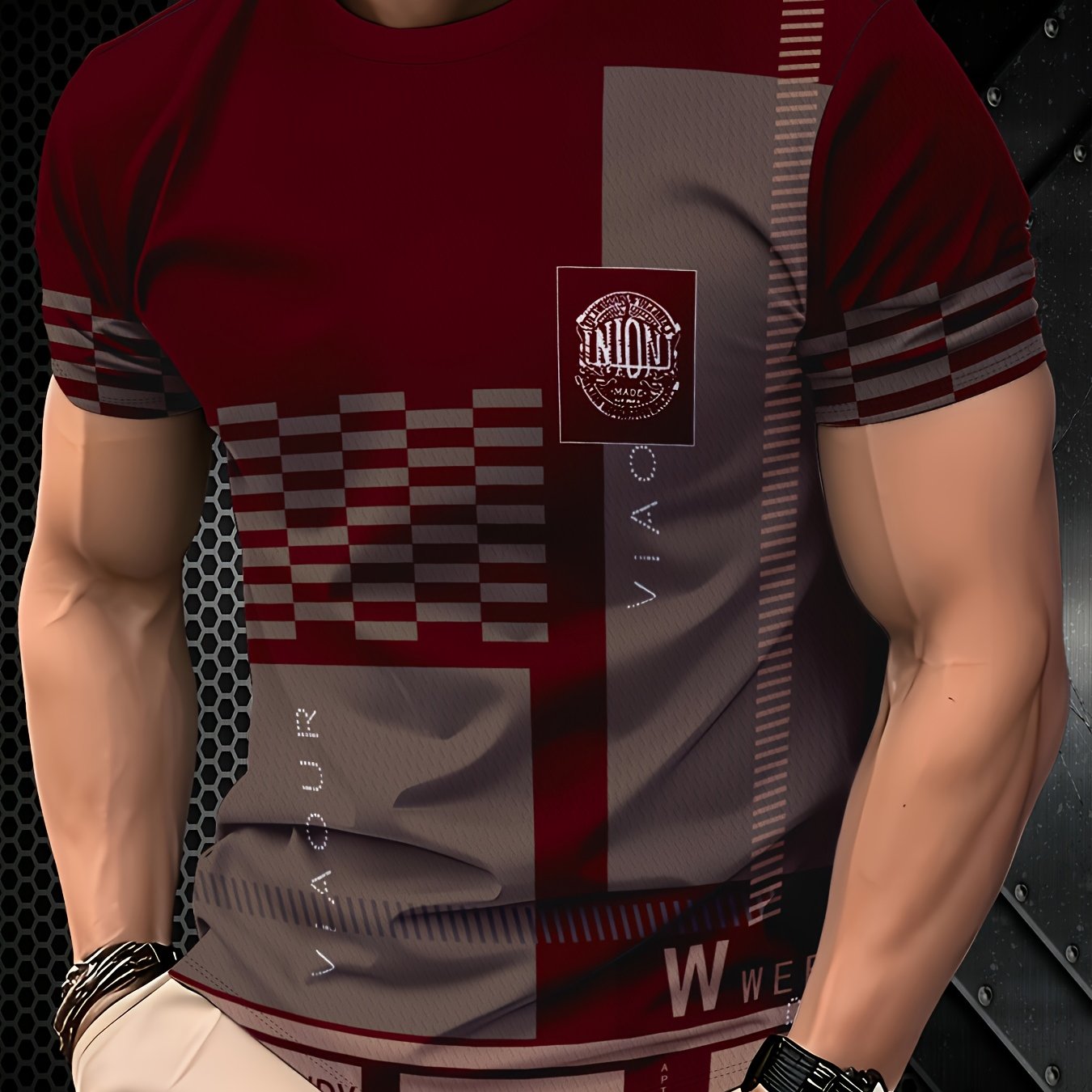 Men'S Navy Brown Plaid Short Sleeve T-Shirt - "Union" Logo, Casual Crew Neck, All-Season Comfort, Regular Fit, Casual Attire Plaid Pattern Top Glossy Finish, PLUS SIZE