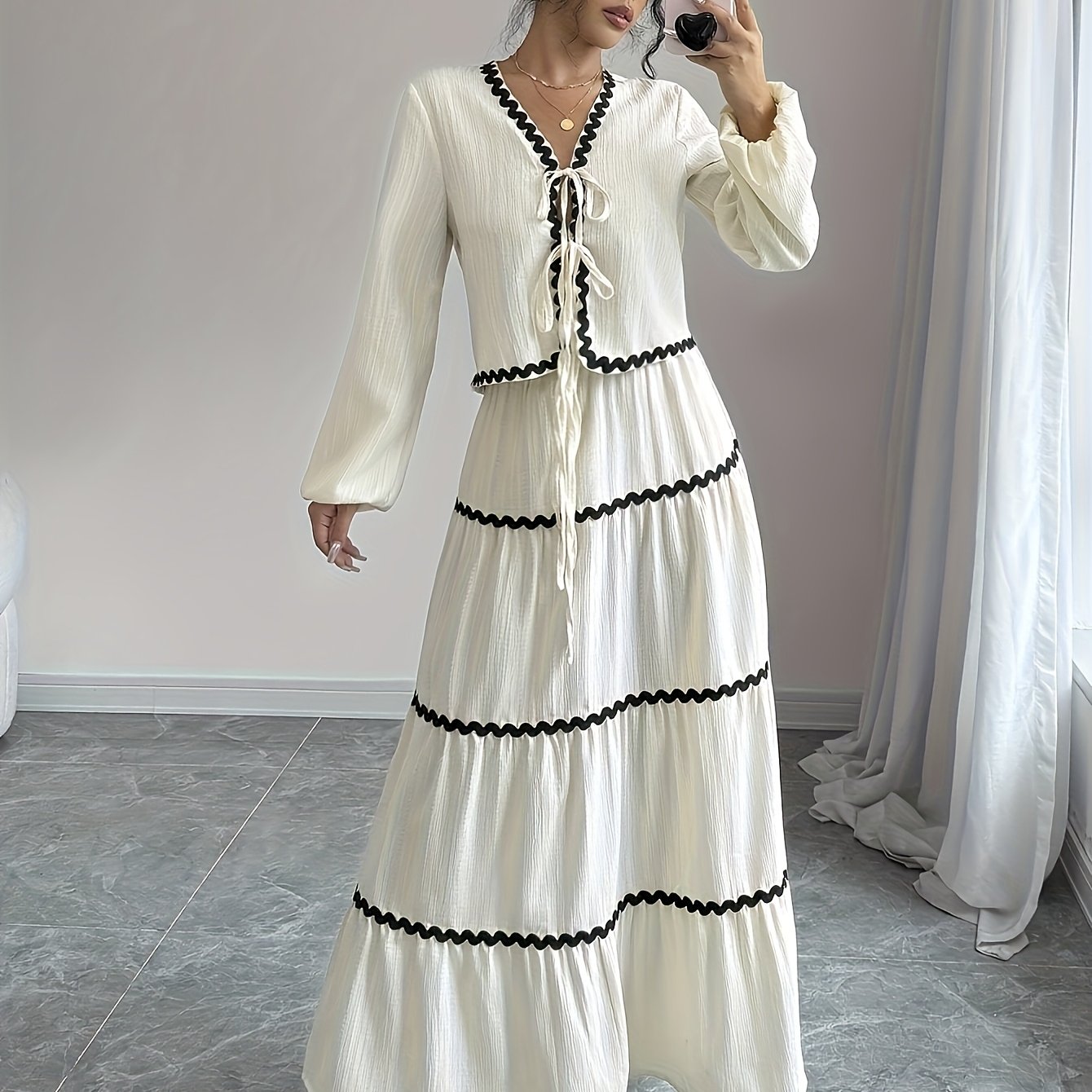 Women's Elegant French Style Lantern Sleeve Ruffle Hem Bow Dress and Skirt Set