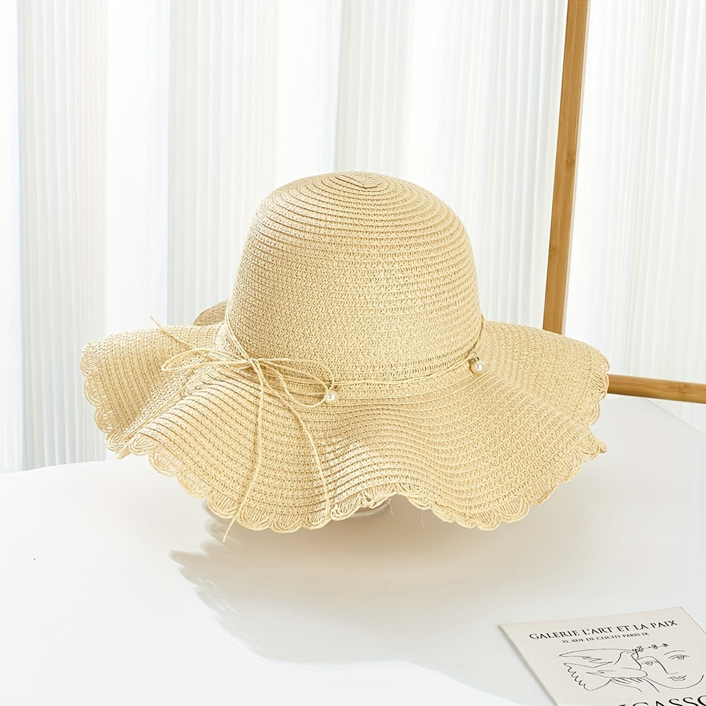 Women's Wide Brim Straw Sun Hat with Accents & Adjustable Ribbon - Protection Lace Trim Beach Wedding Casual Outdoor Hat for All Seasons