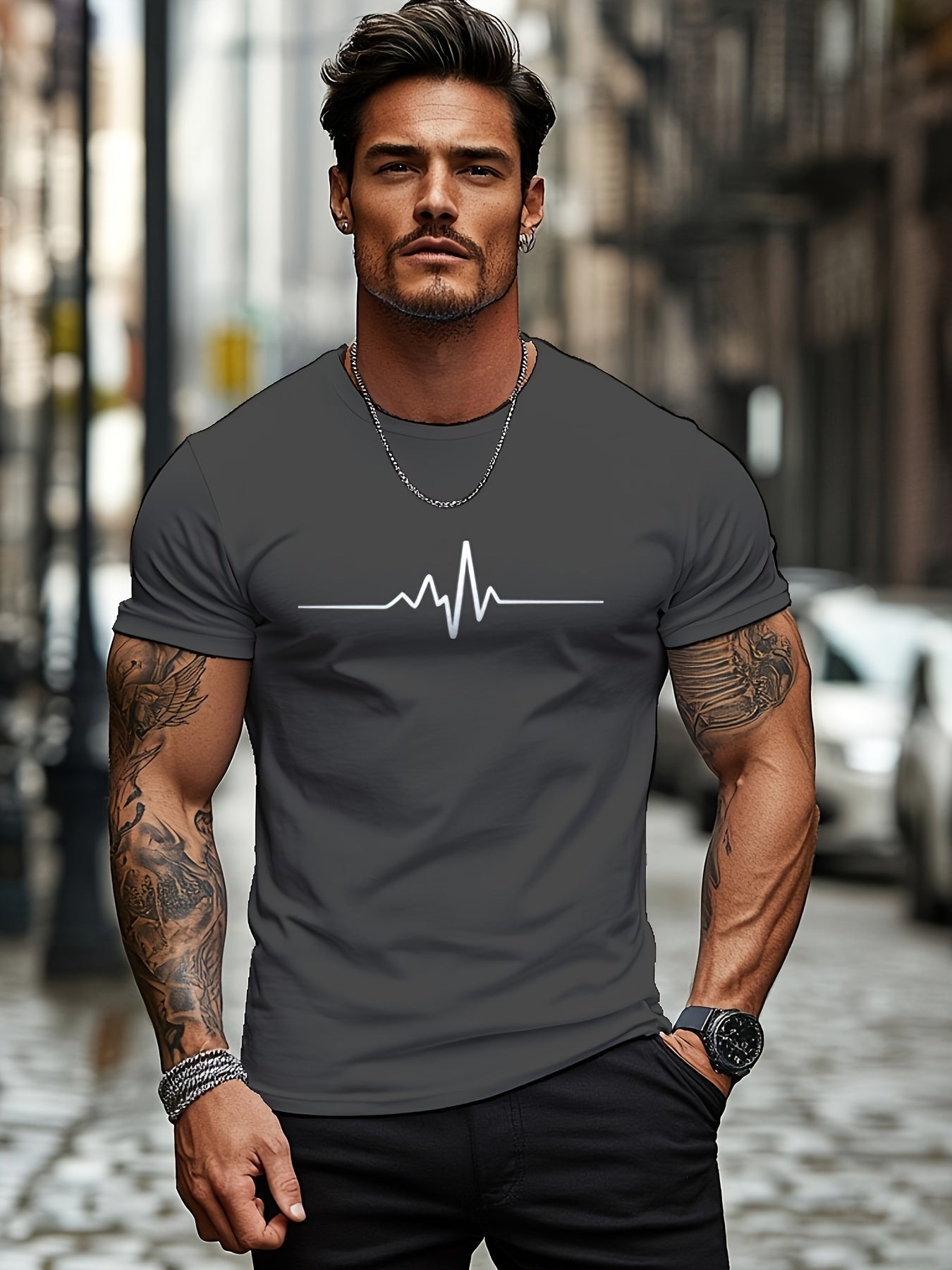 Men'S Brown T-Shirt with ECG Heartbeat Graphic - Casual Streetwear, Short Sleeve, Round Neck, Stretch Fabric, All-Season Comfort, Casual Streetwear Tee Round Neck Tshirt Comfortable Fit