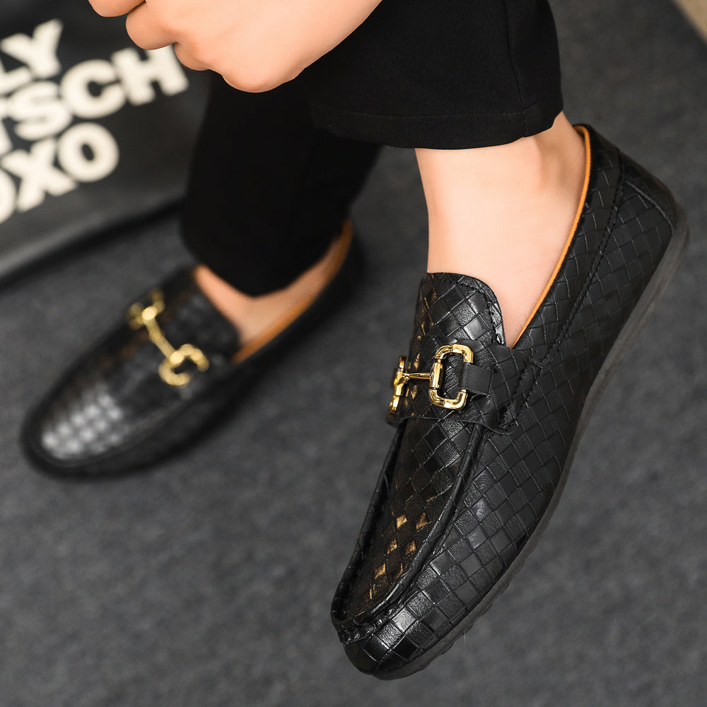 Men's Slip-On Loafers - Black Tan Casual Shoes with Golden-Tone Metal Accents, Round Toe Comfort, All-Season Versatile for Office Social Events, Casual Attire, Elegant Style, Premium Material, Modern Gentlemen