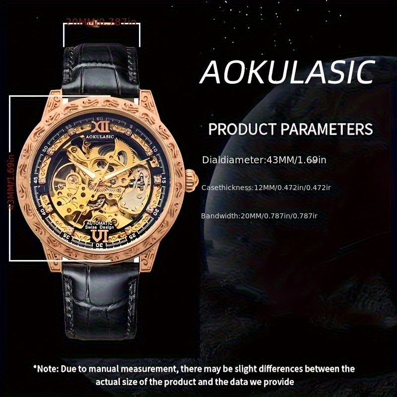 Vintage Hollow Carved Automatic Mechanical Men'S Watch, Fashionable Luxury Men'S Watch, High-end Thickened Mechanical Style Hip-Hop Party Wristwatch, Without Battery