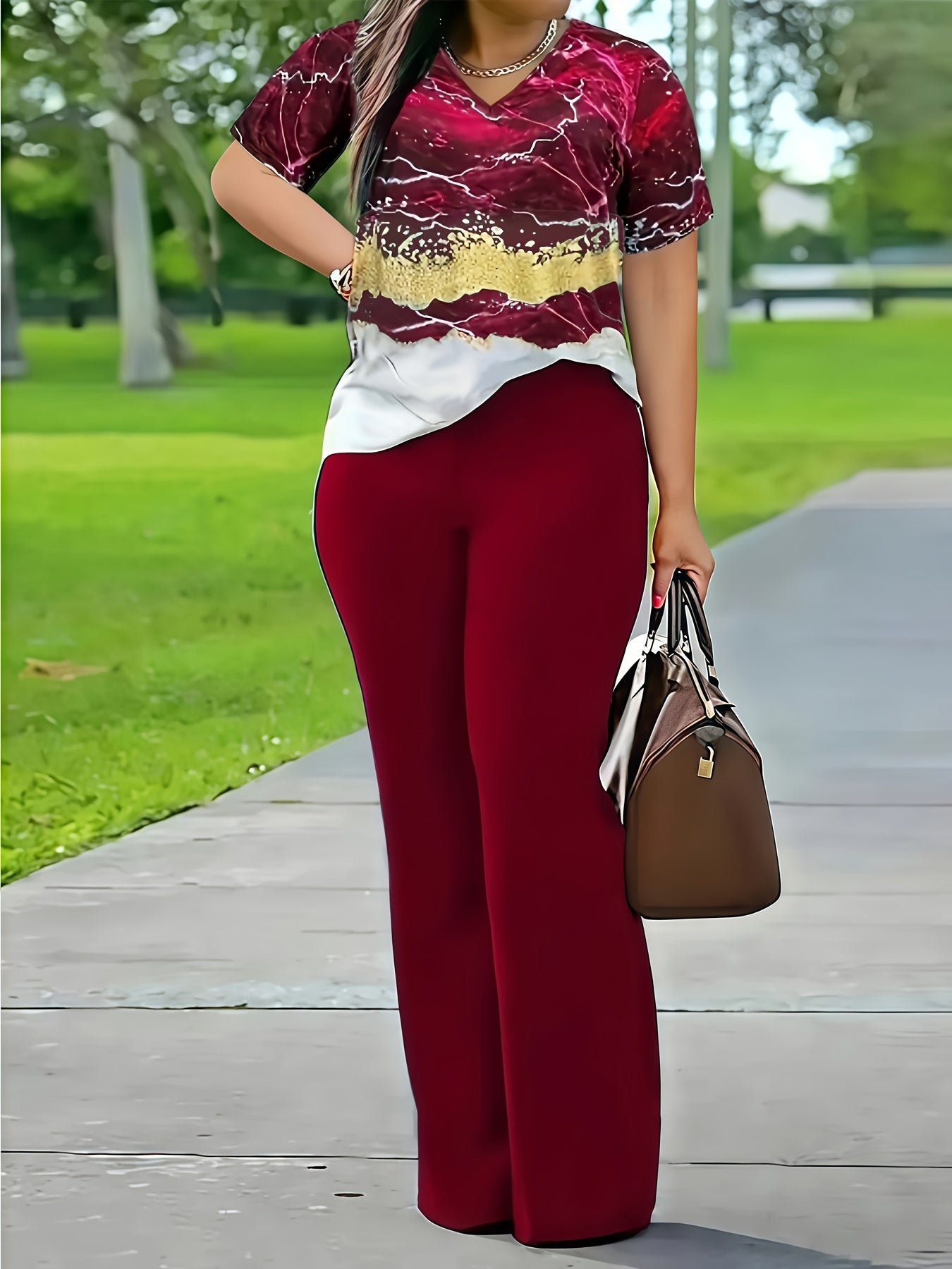 Xi Jun Bamboo Premium Casual Elegant V-Neck Printed Short Sleeve T-Shirt and Pants Two-Piece Set