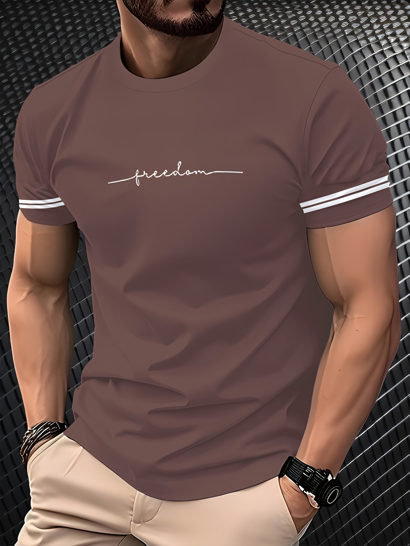 Men'S "Freedom" Graphic T-Shirt - Black Casual Crew Neck Tee with White Stripes, Breathable Polyester Blend, Regular Fit for Casual Attire, Everyday Tshirt Bold Print Tee Comfortable Fit, Knit