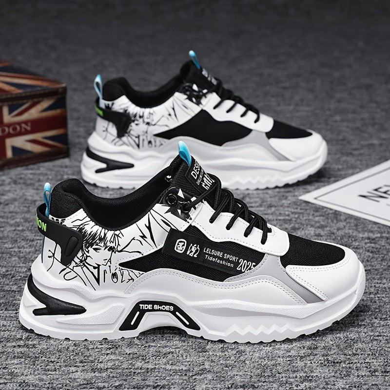 Men's Stylish Platform Sneakers with Wave Pattern - Comfortable, Non-Slip Durable for Outdoor, Campus Walks Travel Lace-Up, Breathable Design, for Autumn, Spring