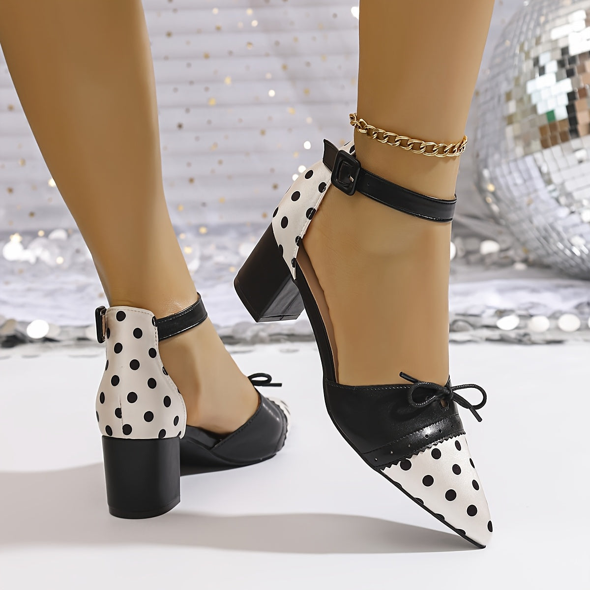 Women'S Sexy Polka Dot Mary Jane Pumps with Bow Detail - Pointed Toe, Block Heel, Ankle Strap, Summer Fashion Show Shoes, Hollow Design, Synthetic Cover Rubber Sole, Summer Fashion Shoes Polka Dot Pattern Rubber Sole Fo
