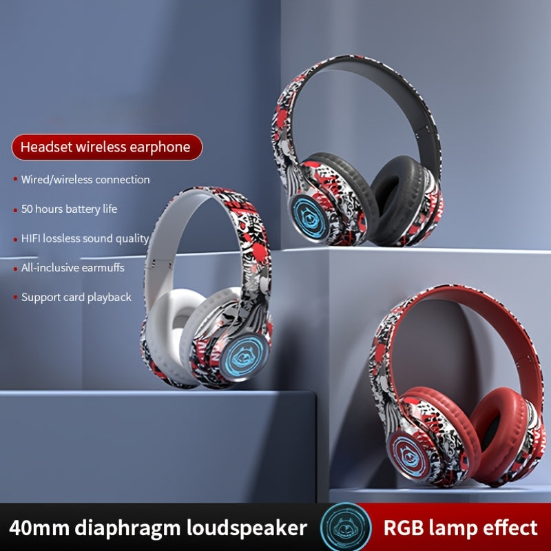 Wireless Headset with Shocking Sound, HIFI Sound Quality, 50 Hours Battery Life, Support Card Playback, Wired/Wireless Connection, RGB Luminous Lamp Effect, New Upgrade/Physical Noise Reduction, Acoustic Fidelity, Non-Inducti