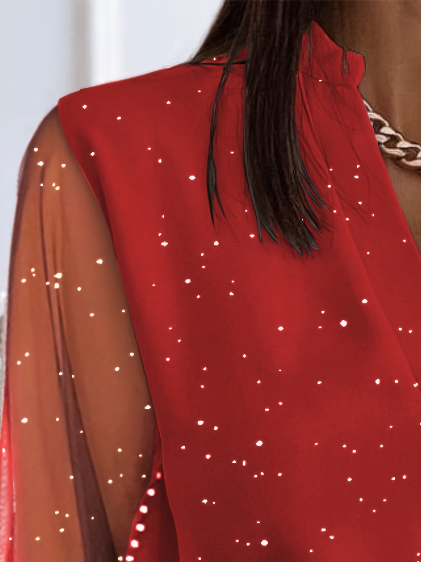 's Elegant Red V-Neck Blouse with Sheer Lace & Mesh Sleeves - Long Sleeve Semi-Sheer Shirt Jacket-like Top for Spring/Fall, Parties, Weddings, Casual Outfits - Lace Trim Blouse (Hand Washable)