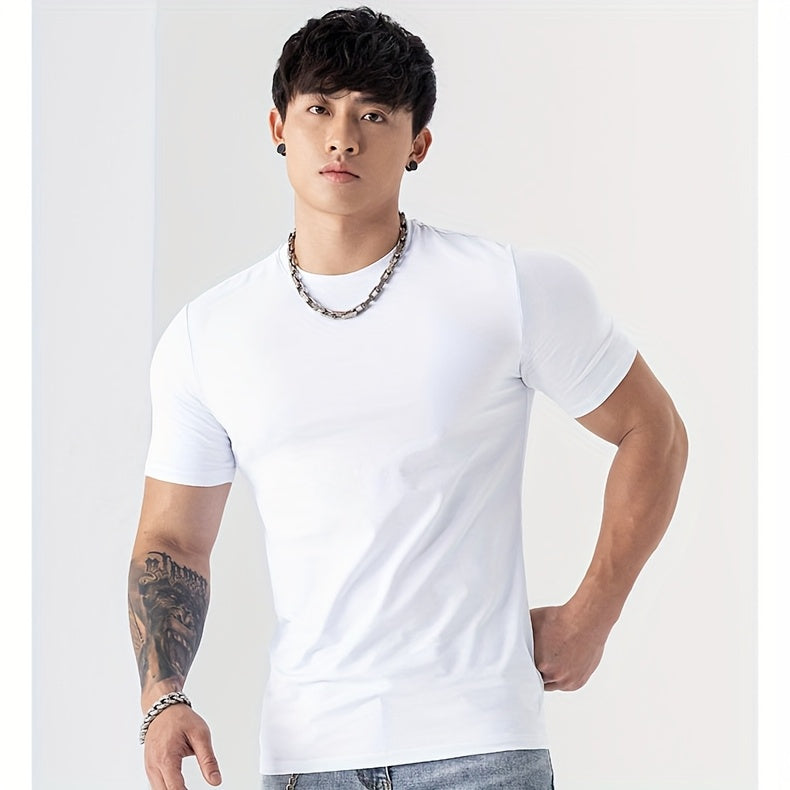 Men's Summer Athletic T-Shirt - Moisture-Wicking Stretch Fabric Slim Fit Round Neck Short Sleeve Tee for Gym, Running, Training - Solid Color Black, Gym Apparel Machine Washable Top, Gym Shirts