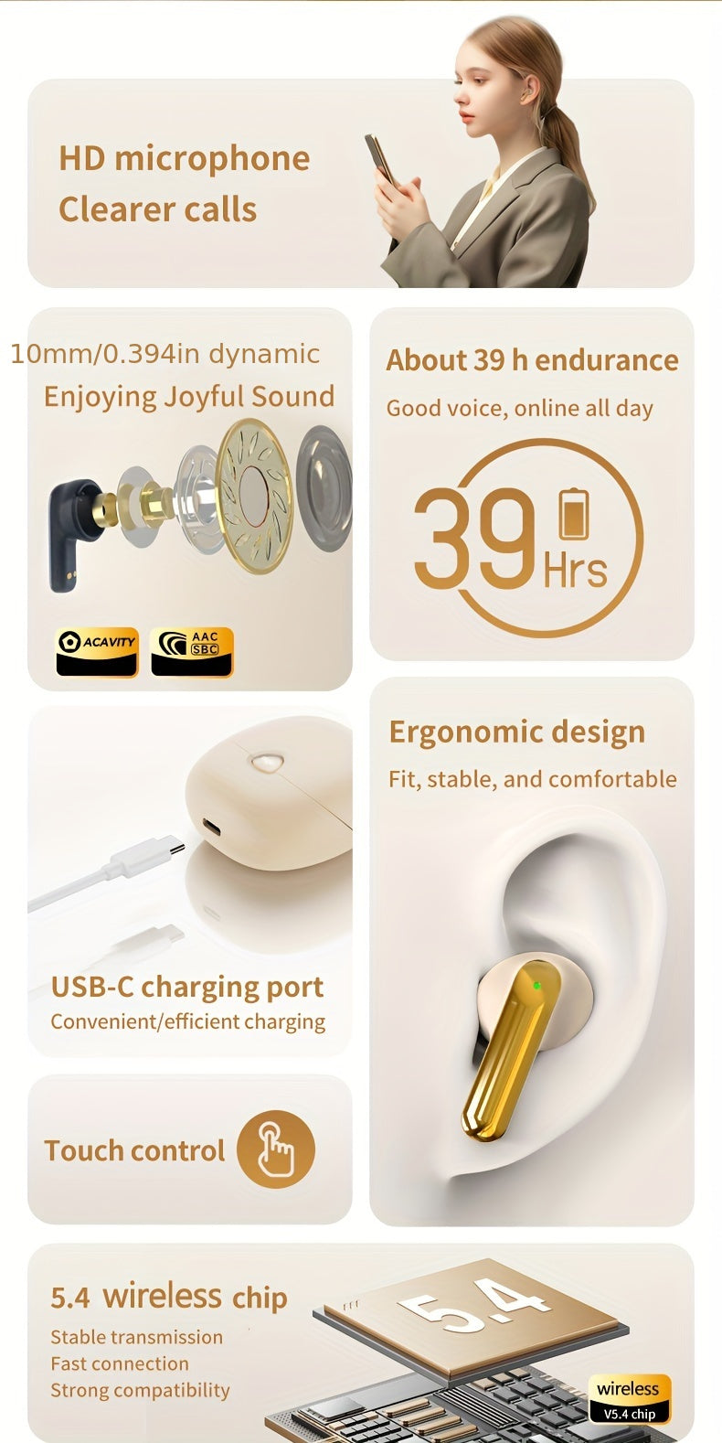 Aigo 5.4 Wireless Headphones with a Microphone, TWS In-Ear Sports Headphones, Stereo In-Ear Headphones with an LED Display, And Wireless Running Earphones for Gifts.