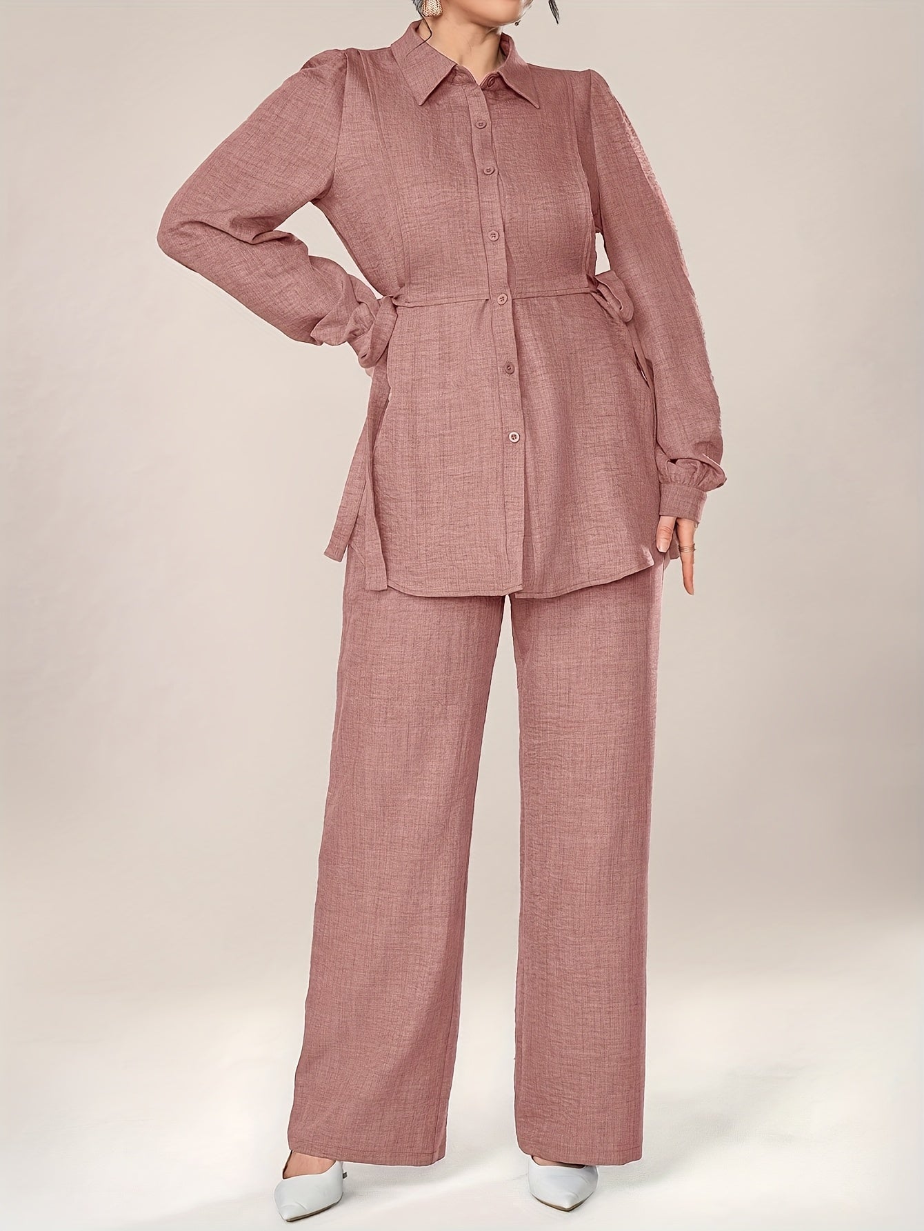 Women'S Solid Color Long Sleeve Knotted Waist Single-Breasted Shirt and Pants Elegant Commuter Set, Two-Piece Summer Autumn Women'S Outfit Office Business Casual Women'S Suit