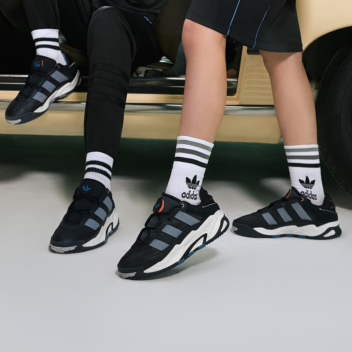 Adidas Niteball Low-Top Sneakers for Men Women - Striped Casual Shoes with Genuine Leather Upper, Breathable Fabric Lining Rubber Sole, Black/Blue/Orange Accents (FZ5742), Athletic Footwear, Modern Triptych Design, Durabl