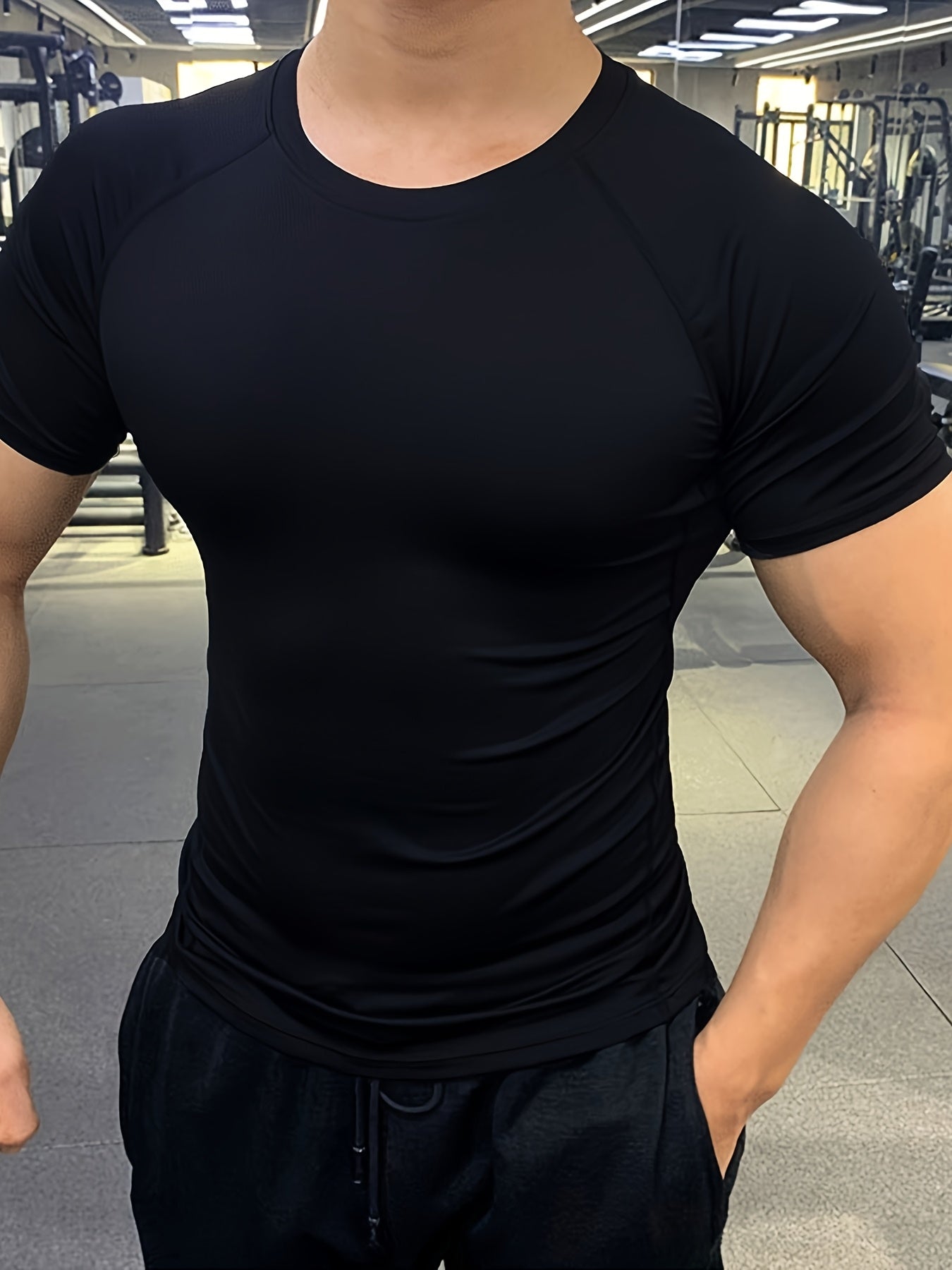 Men's Quick-Dry Athletic T-Shirt - Stretchy, Breathable Polyester, Short Sleeve, Round Neck, Black, Gym Running Workout Essential, Sports Clothing Sleek Athletic Tee Breathable Fabric, Workout Clothes
