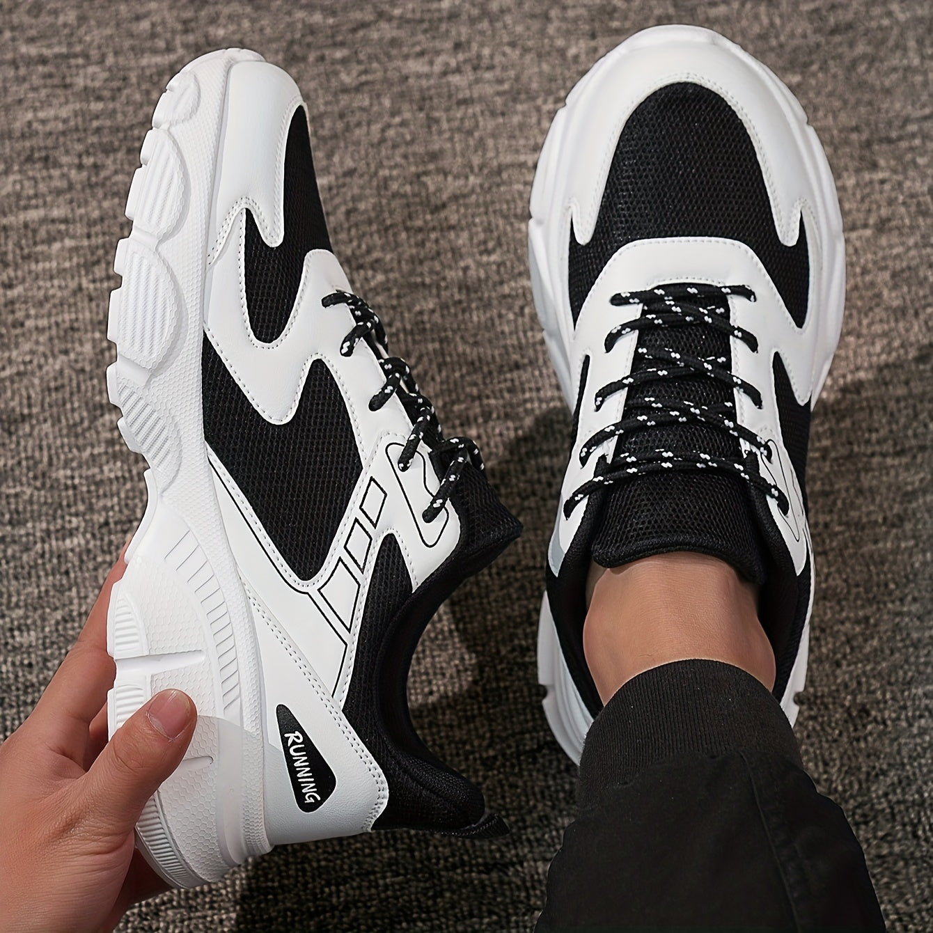 Men's Fashionable Black and White Sneakers - Retro Sports Shoes, Comfortable Outdoor Footwear