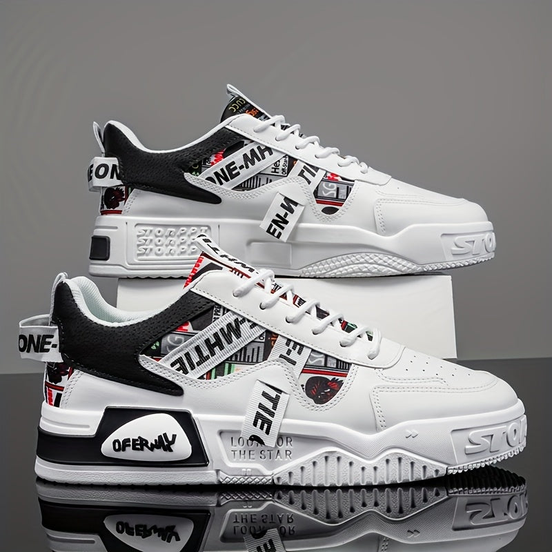 1 Pair MAINALUN Men'S Business Casual Sneakers - Lightweight, Durable, and Stylish for Outdoor Activities, Travel, and Daily Wear, White with Black Accents and Logo, Comfortable Lace-Up Design, Casual Footwear Stylish Casua