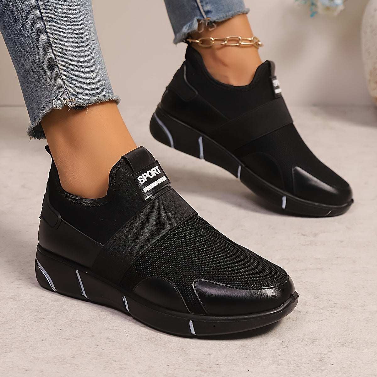 Women's Slip-On Sneakers - Lightweight Knit Upper, Breathable Design, Comfortable Casual Shoes with Strap, Black Golden Accents, Round Toe for All-Day Wear, Sporty Sneakers Round Toe Shoes Flexible Sole, Ladies Sneakers