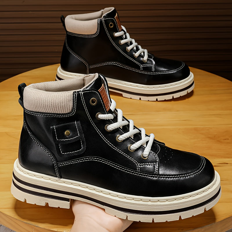 Men'S Retro British Style Mid-Top Work Boots - Black Faux Cover with White Laces, Durable PVC Sole, Comfortable Fabric Lining for Casual & Streetwear, Spring/Fall Footwear, Streetwear Footwear | Retro Style Boots | Durable PV