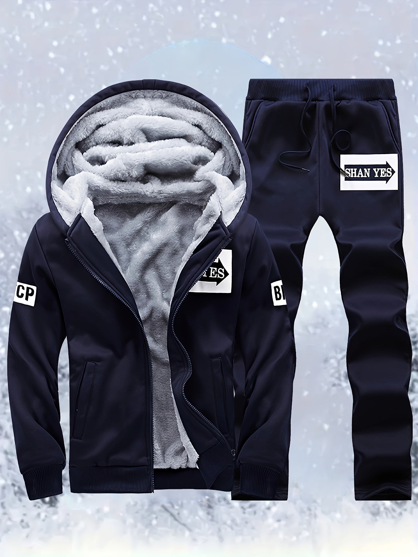 Men's "SHAN YES" Alphabet Print Fuzzy Lining Hooded Sweatshirt And Joggers Set, Warm Athletic Outfit For Running And Outdoor Fitness, Autumn And Winter